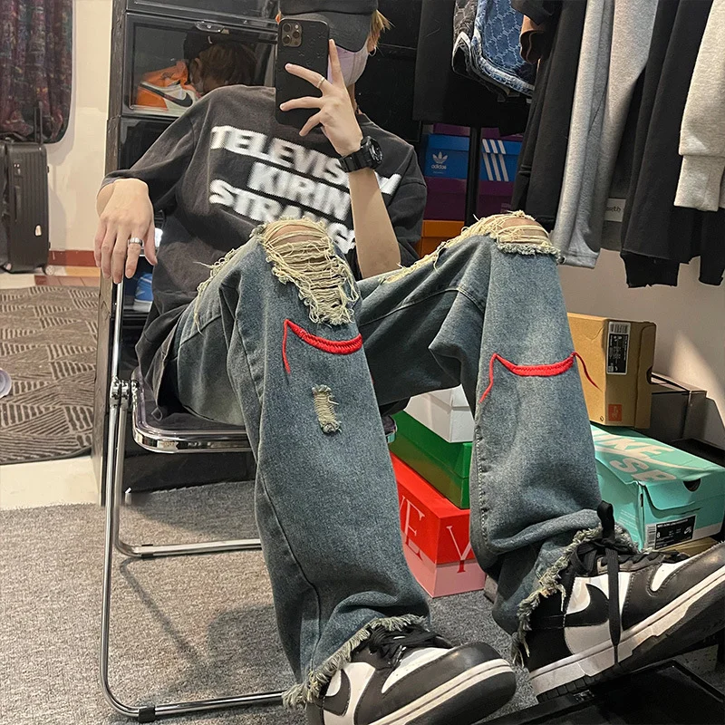 DEEPTOWN Ripped Jeans Men Retro Streetwear Straight Trousers Summer Hip-hop Embroidery Loose Denim Pants Fashion Hole Distressed