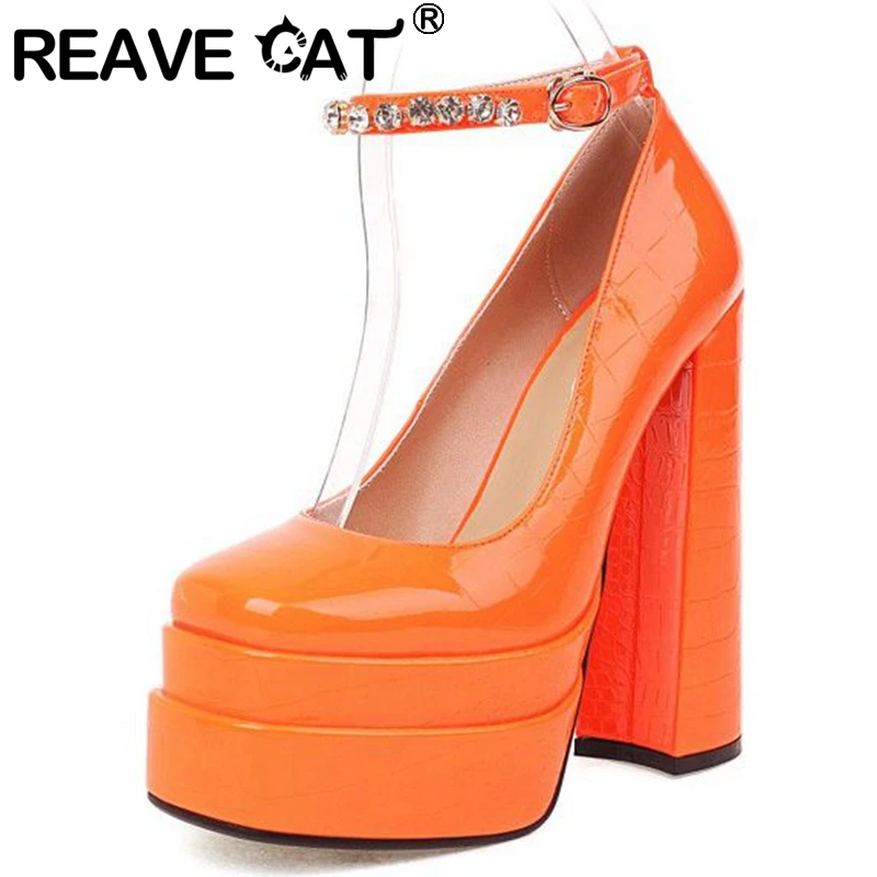 

REAVE CAT Women Pumps Platform Square Toe High Heels Rhinestone Chain Strap Sexy Plus Size 33-43 Black Green Party Spring S3351