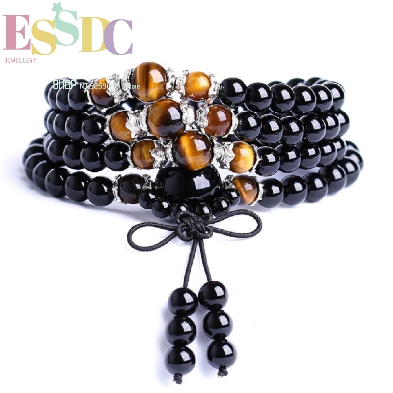 

Natural Obsidian and Tiger Eye Stone 108 Mala Beads Fashion Male and Female Bracelet Wholesale
