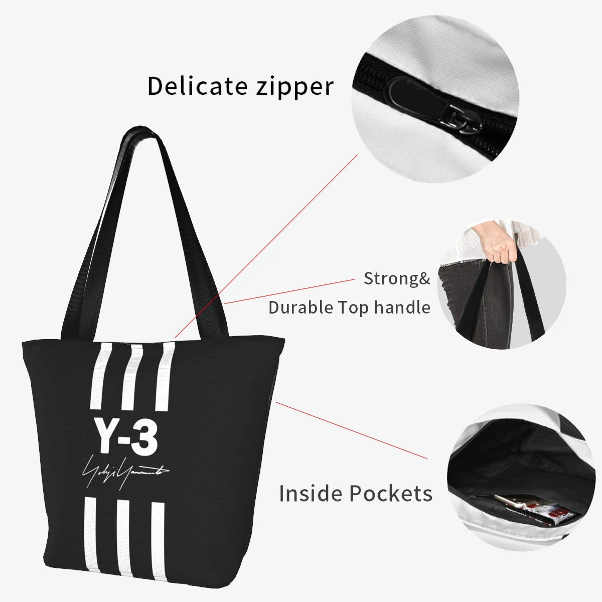 Yohji Yamamoto Y3 Shopping Bag Accessories For Unisex Fashion 3Y Black Zipper Tote Bags with Inside Pockets Handbags