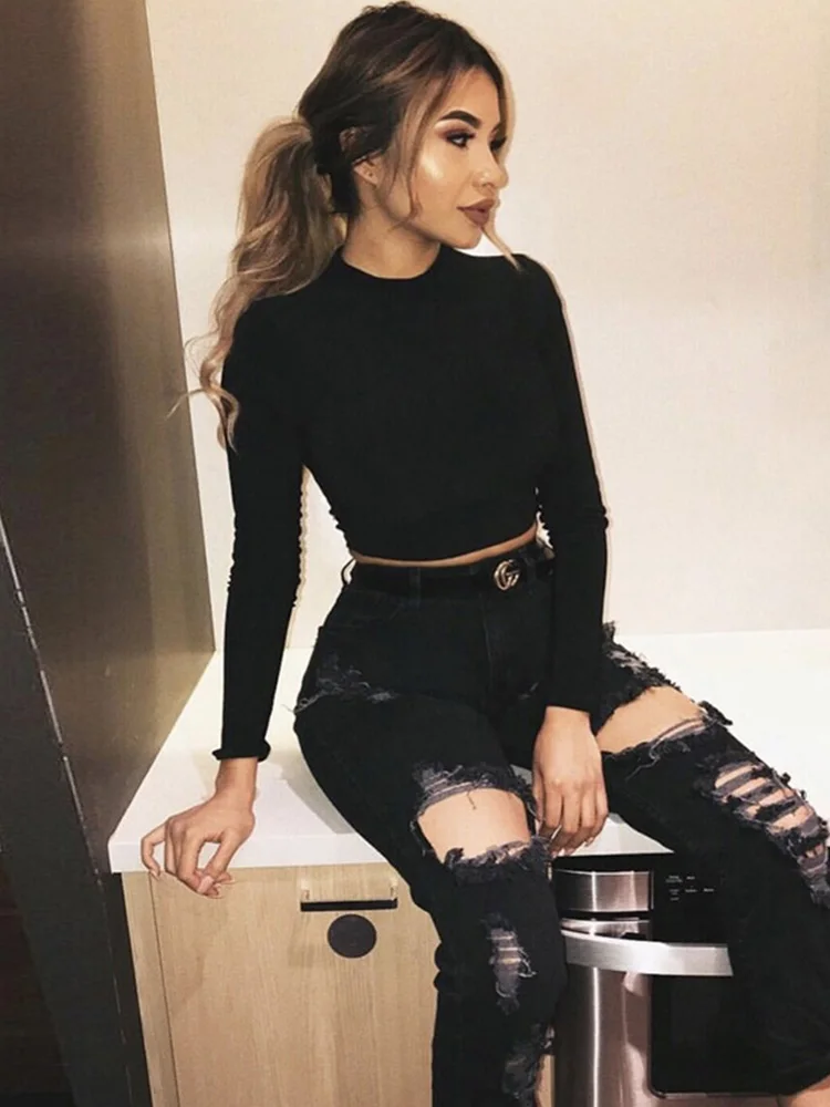 Long Sleeve Crop Top Women Shirts Harajuku Korean Black Burgundy Sexy Clothes Turtleneck Basic Short T Shirt Femme 2024