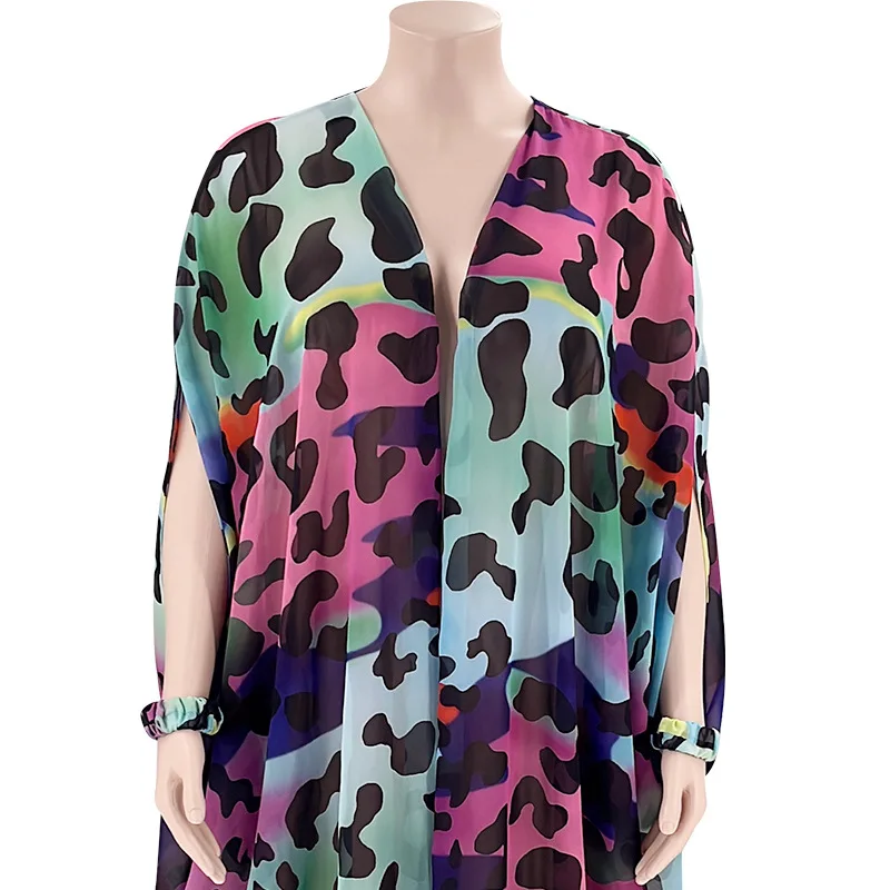Plus Size Women Cape Floral Print Cover Up Chiffon Long Robe Fashion Female Casual Leopard Cloth 2023 Summer Women Elegant Dress