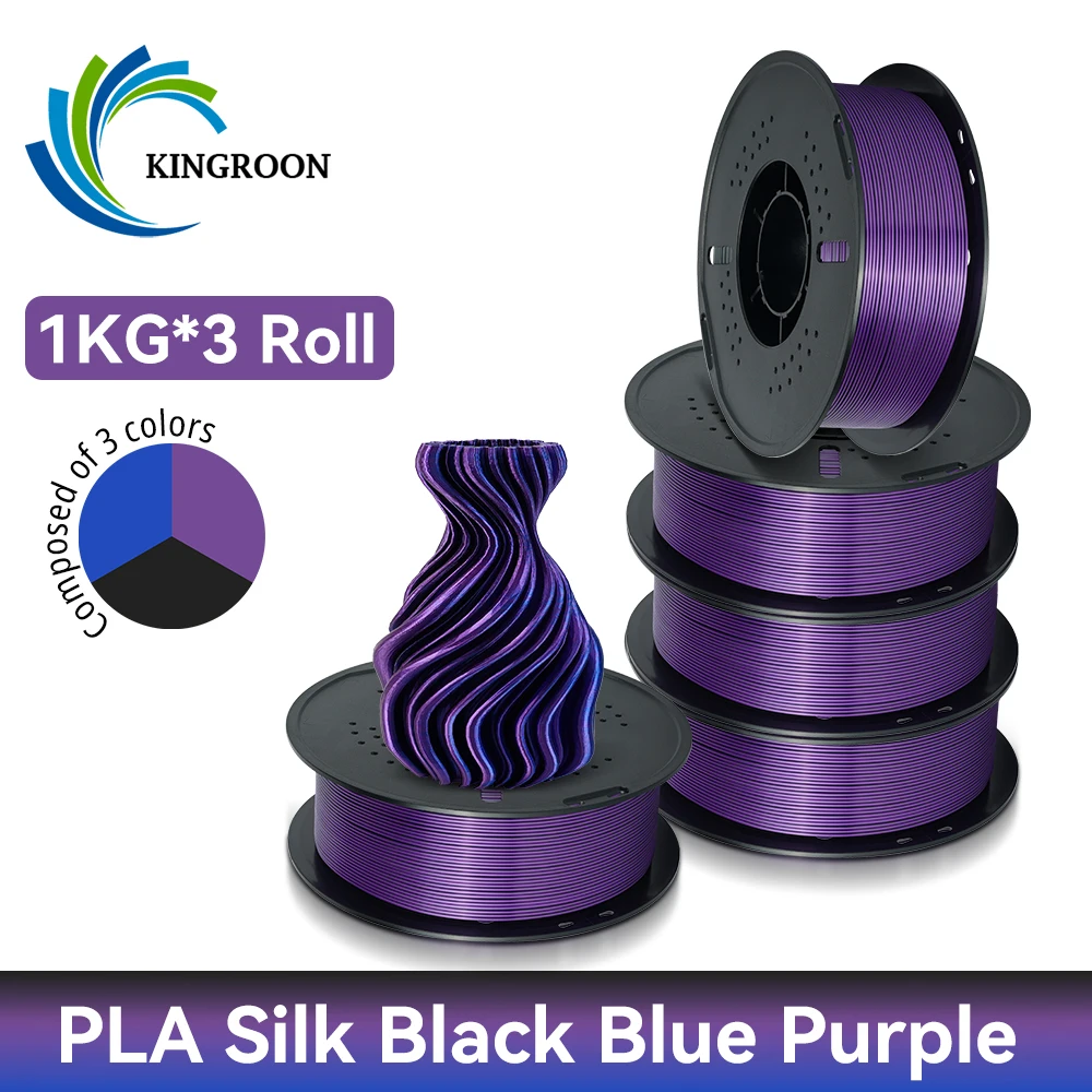 Фото KINGROON 5 кг 3 кг 1 кг PLA Silk, 3 цвета, филамент 1,75 мм для 3D-принтера, с высоким глянцевым покрытием, яркий и блестящий, без спутывания №1