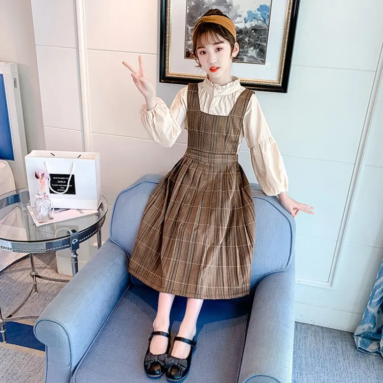 

Retro Girls Long Sleeve Dress Suit 2022 New Teen Children's College Spring Autumn French Shirt + Loose Sling Plaid Dress 2 PCS