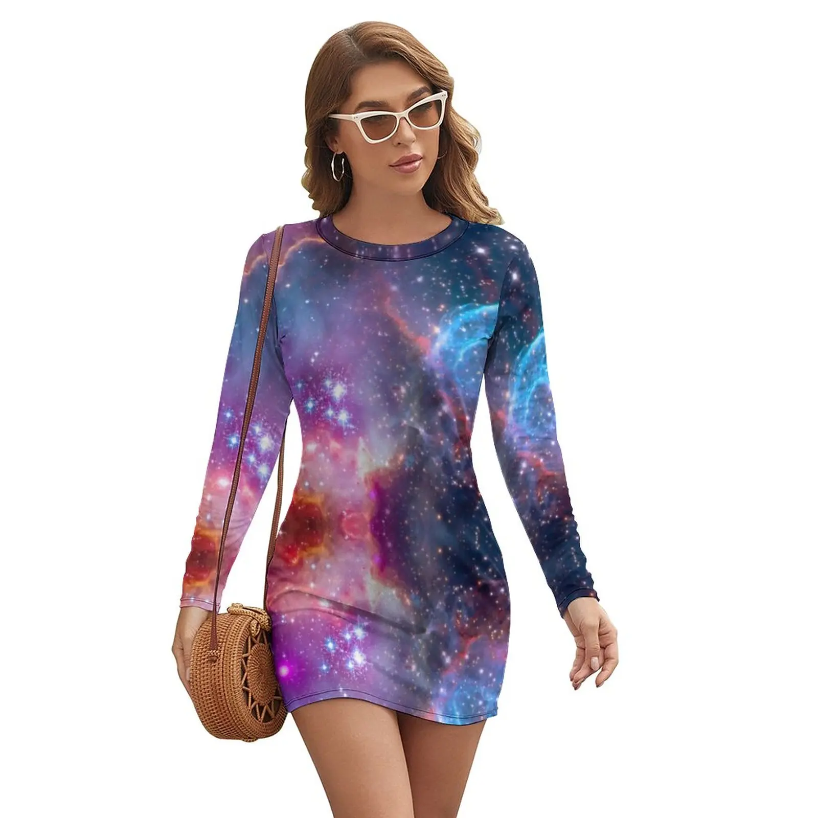 

Женское платье с длинным рукавом, разноцветное облегающее платье с принтом неба, уличная мода, большой размер 2XL, на весну