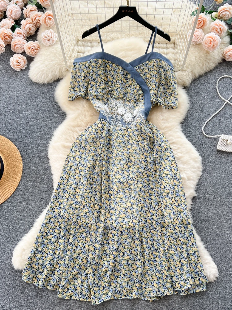 

FTLZZ Summer Female Sexy Spaghetti Strap Slash Neck Off Shoulder Dress Casual Lady Floral Print Dress Holiday Beach Midi Dress