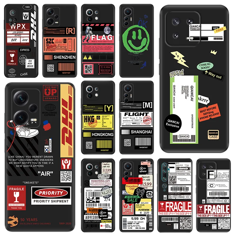 Черный матовый чехол для телефона Redmi Note 12 13 Xiaomi Pro 12C 12X 12T 13C 12S Lite Travel Luck Logistics label Soft