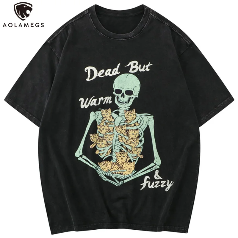 

Aolamegs Мужская футболка большого размера с милым принтом кота черепа и графикой, летняя футболка в стиле хип-хоп, Повседневная модная уличная ...