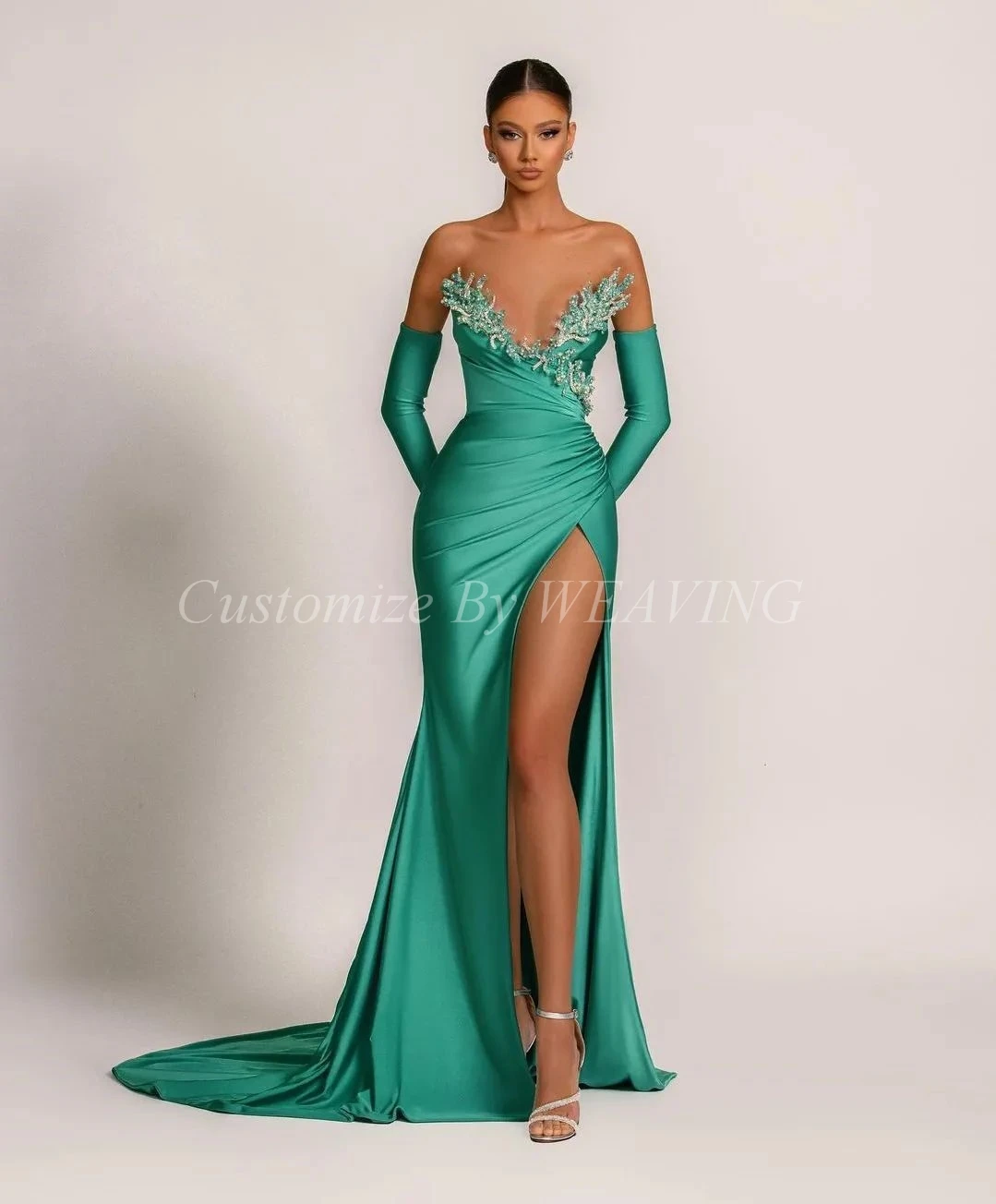 

Green Satin Mermaid Evening Dresses Sweetheart Beads High Split Prom Saudi Arabia Gowns Pageant Party Formal Dress