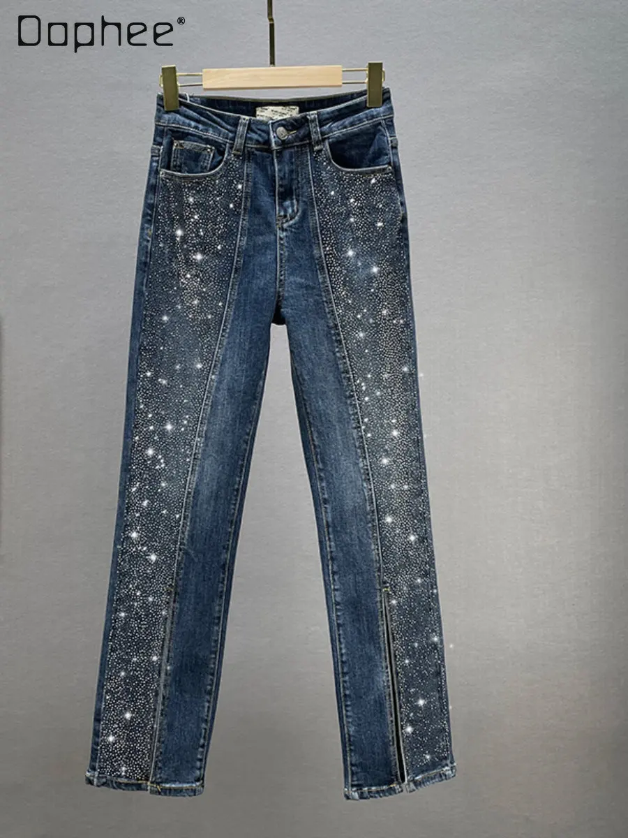 

Fashion Rhinestone Shiny Straight Jeans for Women Autumn New High Waist Loose Heavy Embroidery Hot Drilling Trousers for Female