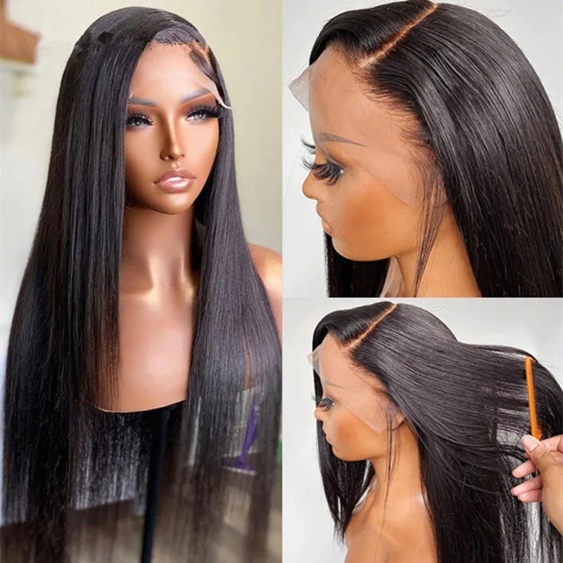 

Preplucked Soft 180%Density 26Inch Natural Black Silky Straight Long Natural Hairline Glueless Lace Front Wig For Women Babyhair