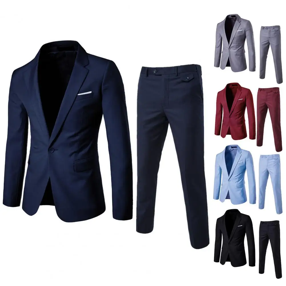 

Men Pants Set Stylish Men's Business Suit Set Lapel Single Button Coat Slim Fit Pants with Pockets Workwear for A Polished Look