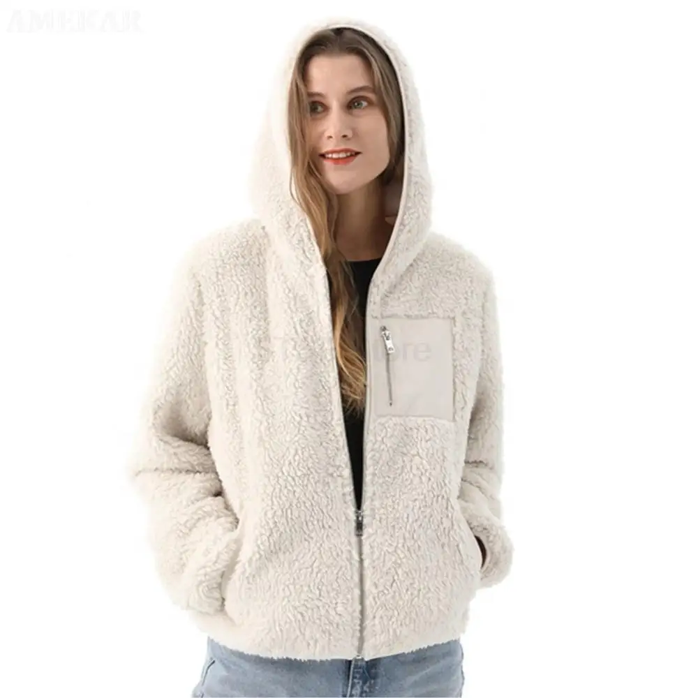 Women Winter Real Fur Zipper Coat Long Sleeve With Hood Pure Color Real Fur Jacket Thermal Fluffy Pocket Women's Fur Coat