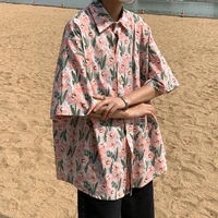 summer short sleeve t shirt men fashion print casual flower shirt men korean loose ice silk shirt mens hawaiian shirt m 2xl