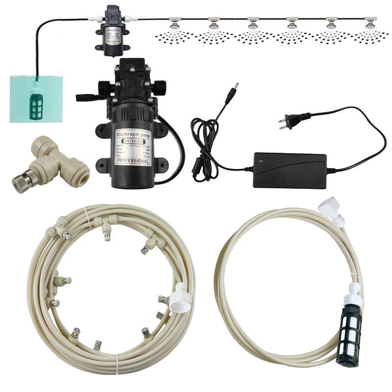 New 6M - 18M Mist Cooling System 12V Diaphragm Pump Sprayer Watering Kits Slip Lock 6mm Fog Nozzles Gardening Tools