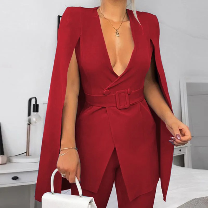 

New Sexy V Neck Women Slit Party Coat Elegant Fashion Blazer With Belt Office Lady Long Cape Sleeve Poncho Cloak Jacket Workwear
