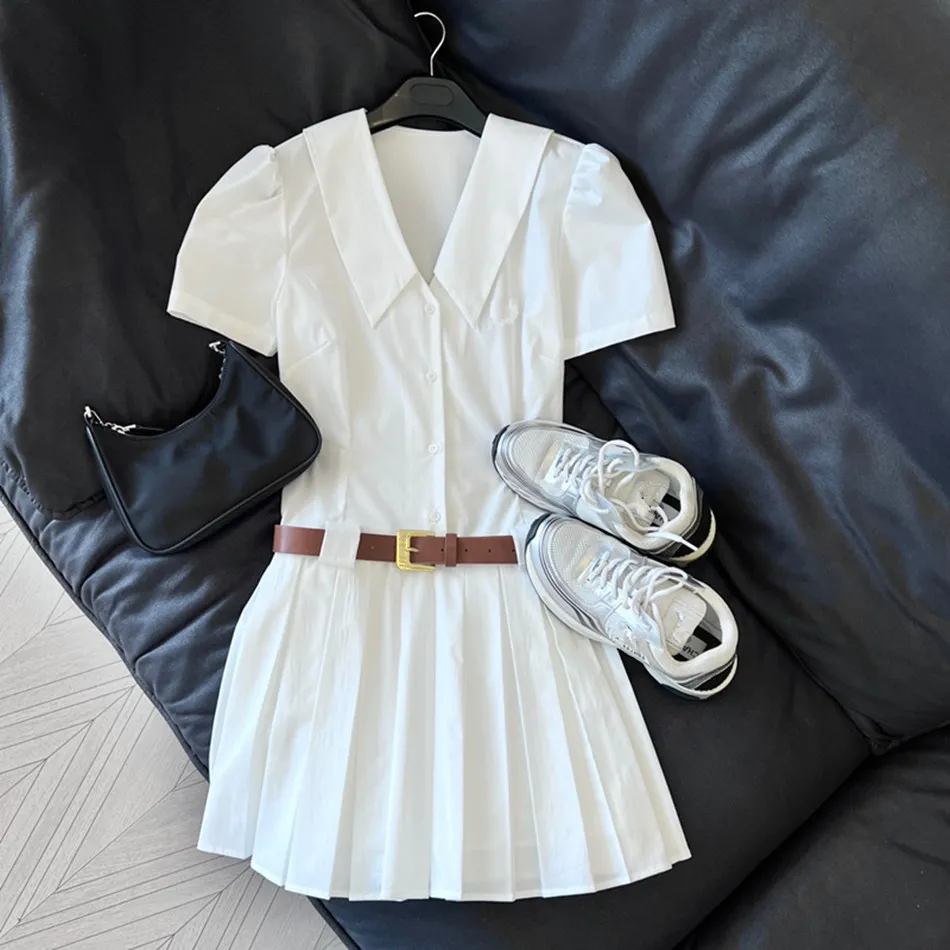 

2023 New Skirts For Women Sweet Shortsleeve Dropped Shirts Dress With Belt Miu Luxury Brand Designers Mini Dress