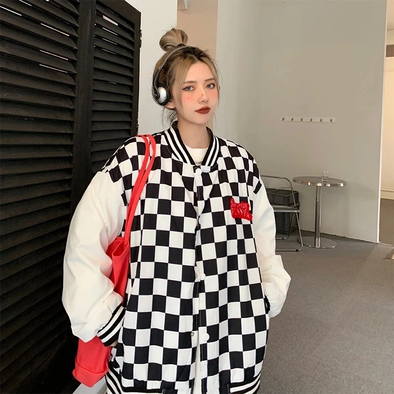 

Women Check Print Jacket Plaid Coat Korean Harajuku Loose Baseball Jacket Fashion Vintage Boyfriend Style Tide Clothes Chaquetas