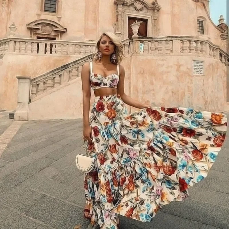 

Floral Print Summer Maxi Dress Women Sleeveless 2 Piece Set Bohemian Dresses Holiday Chic Beach Dress Plus Size Robe Vestidos