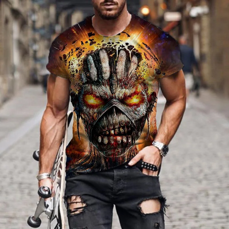 

Мужская модная трендовая рубашка с 3D-принтом черепа в европейском и американском стиле, уличная спортивная футболка с короткими рукавами, ф...