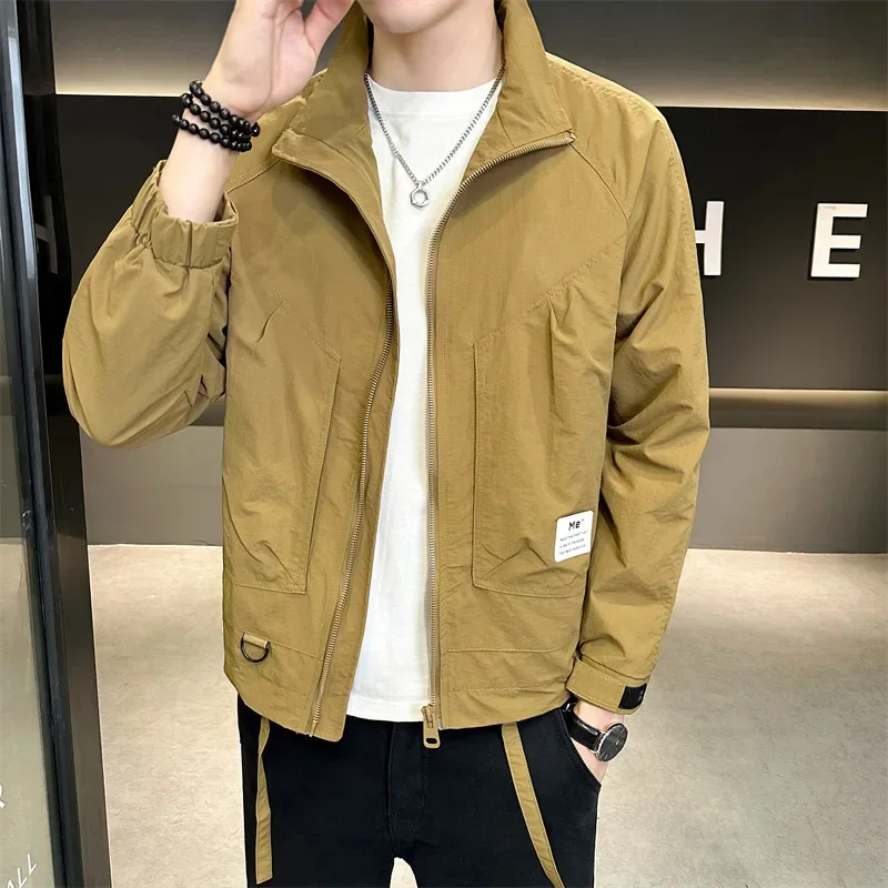 Сплошной цвет рабочая куртка с лацканами для мужчин осенняя новая приталенная