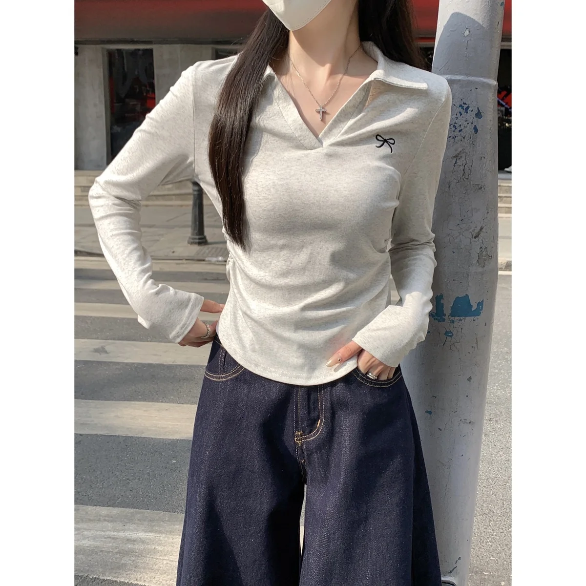 Корейская хлопковая рубашка с воротником-поло и вышивкой длинными рукавами