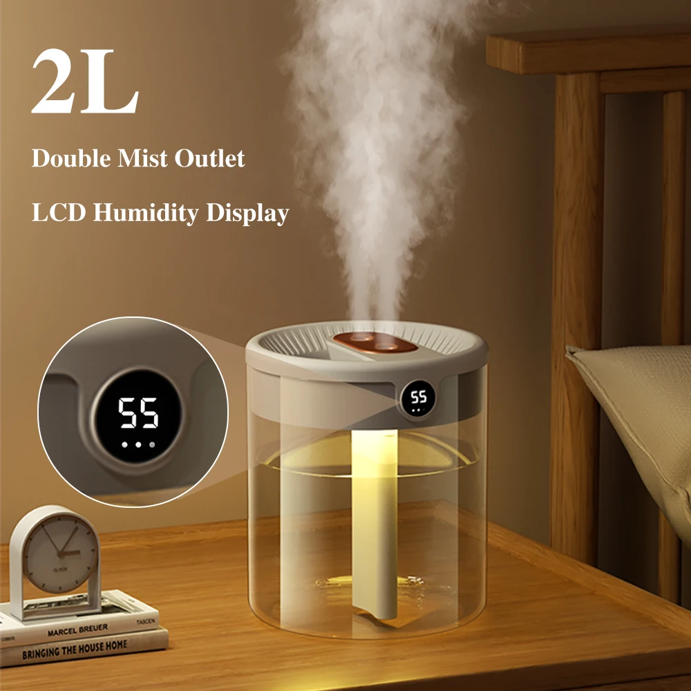 Humidificador de aire H2o, difusor de aceites esenciales portátil con USB, gran capacidad, doble boquilla, pantalla LCD de humedad, 2L