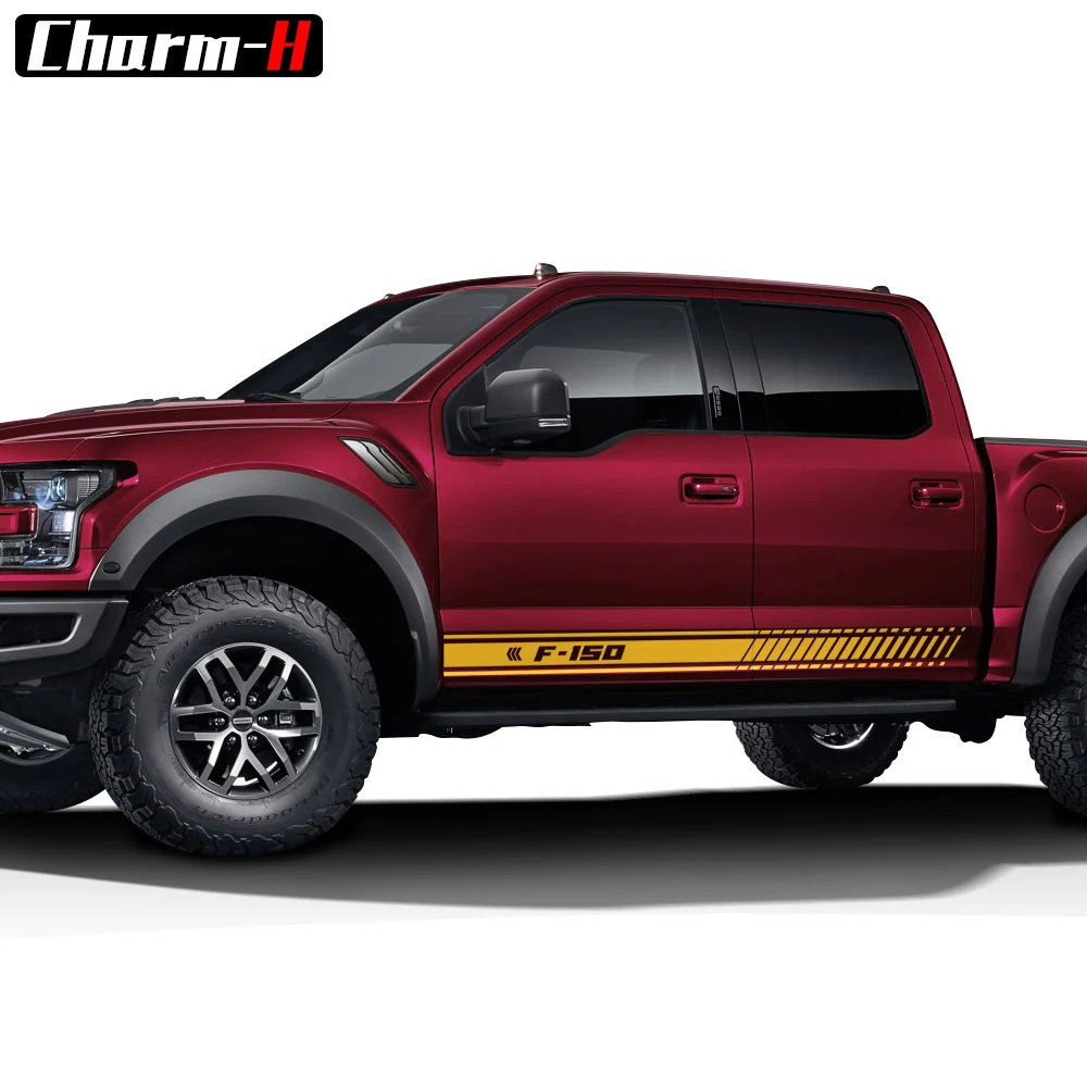 

2 шт., боковые полосы для Ford F150, автостайлинг, гонки, ралли, графика, наклейки, двери, боковые юбки, декоративные наклейки
