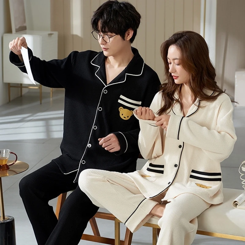 QUHENG Newest Pajamas Men Sets for Cotton Autumn Winter Thick Warm Long Sleeve Trousers Sleepwear Women Set Home Clothing