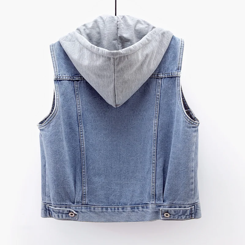 

Blue Vintage Removable Hooded Denim Vest Women Student Waistcoat Cowboy Sleeveless Jacket Coat Loose Short Jeans Vests Female