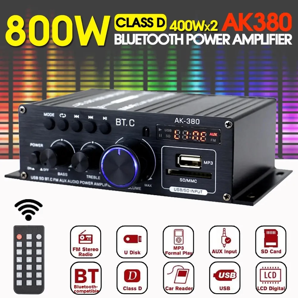 AK380 800 Вт Bluetooth усилитель HiFi аудио караоке 2-канальный ...