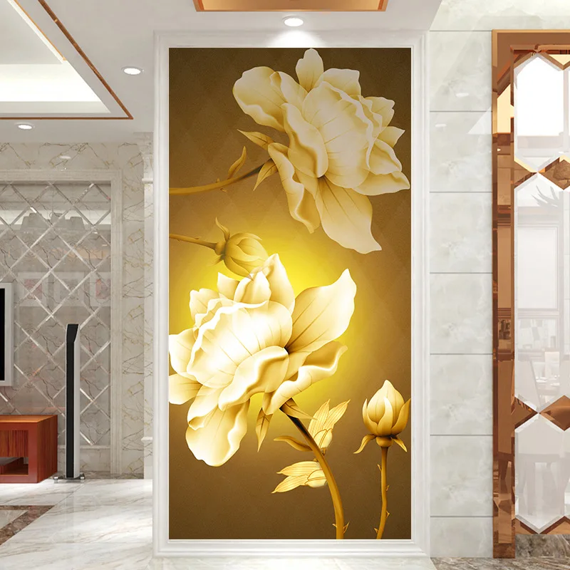 

3D Modern Design Gold Flower Door Sticker Self Adhesive Vinyl Door Mural Home Decor Art Decal For Living Room Bedroom Decoration