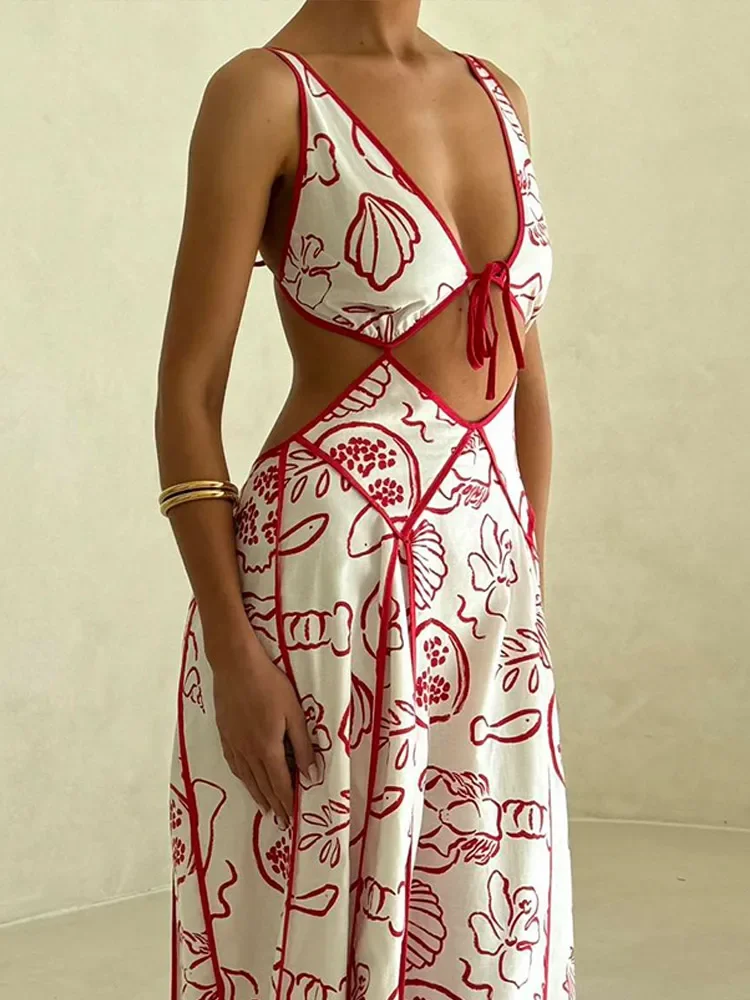 Женские платья макси 2025 Лето Сексуальное винтажное платье с принтом и v-образным