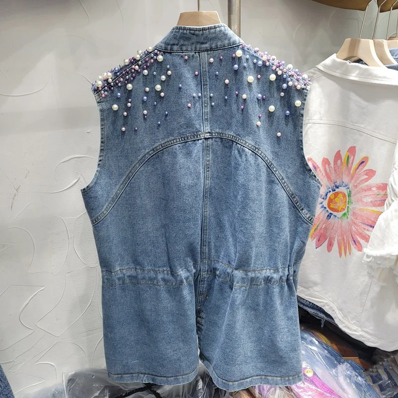 

Korean Summer Fashion Beading Denim Vest Women Waistcoat Student Sleeveless Jacket Coat Loose Pocket Mid Long Jeans Vests Female