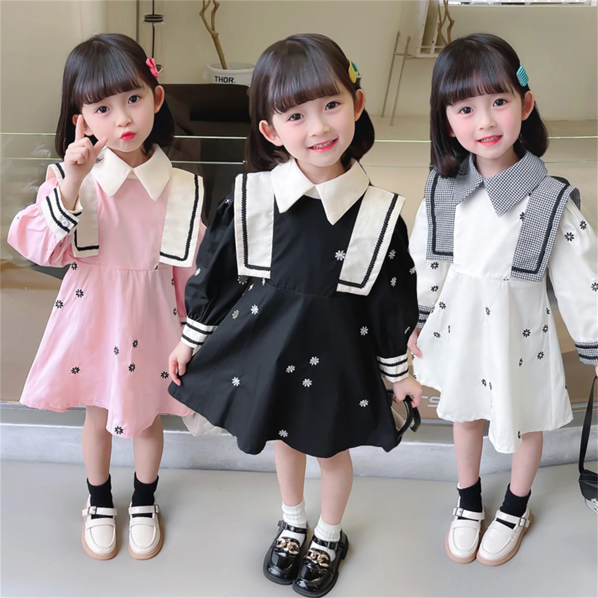 

Spring And Autumn Girls' Dresses With Floral Ruffles, Sweet Shirt Collar, Long Sleeved Skirt, Casual Wide Shoulder Shirt Skirt