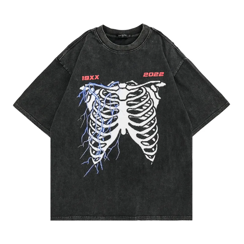 

Bone Print Vintage Wash Old Men T-shirt Fashion Hip Hop Women Short Sleeves Oversized T Shirt Cotton Summer Top Clothing Tshirt
