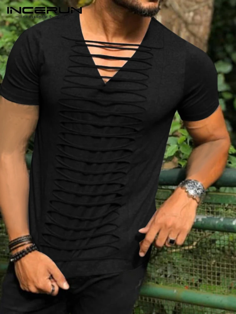 

INCERUN Tops 2022 Handsome Well Fitting New Men's Short Sleeve T-Shirts Stylish Male V-neck Solid Color Hot Sale Camiseta S-5XL