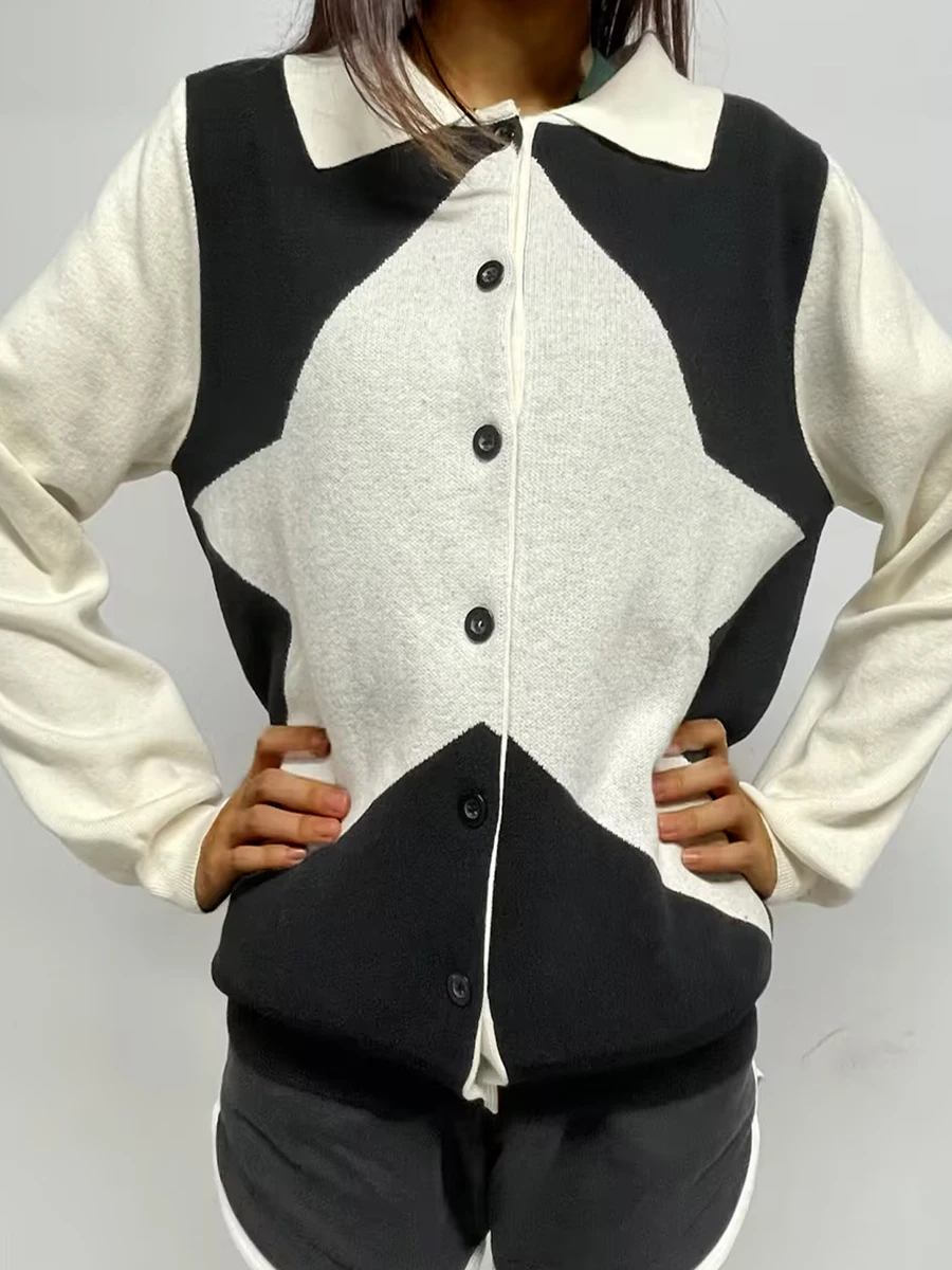 

Женский вязаный кардиган Y2K, винтажный свитер на пуговицах с длинным рукавом и принтом звезд, классические весенние и осенние куртки, пальто, уличная одежда