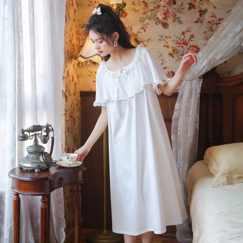 

Roseheart Sumnmer New Women Homewear White Sexy Sleepwear Nightdress Lace Nightwear Luxury Nightgown Court Homewear Court Gown
