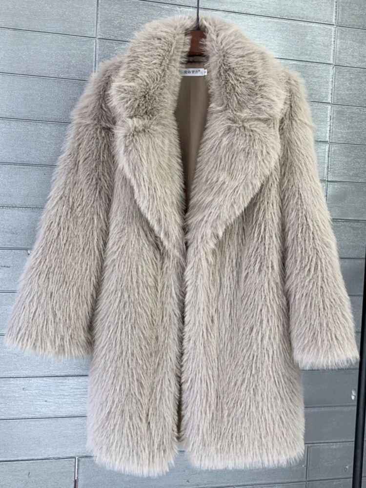 Fashion Suit Collar Loose Faux Fur Mid-length Coat Women 2022 Winter Elegant Furry Fur Outwear Casual High Street Teddy Coats