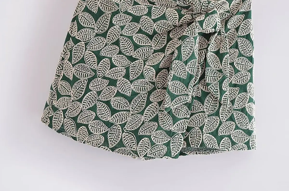 Dave&Di  French Country Style Green Leaf  Casual High Waist Embroidery Bermuda Fashion Summer Shorts Culottes Women