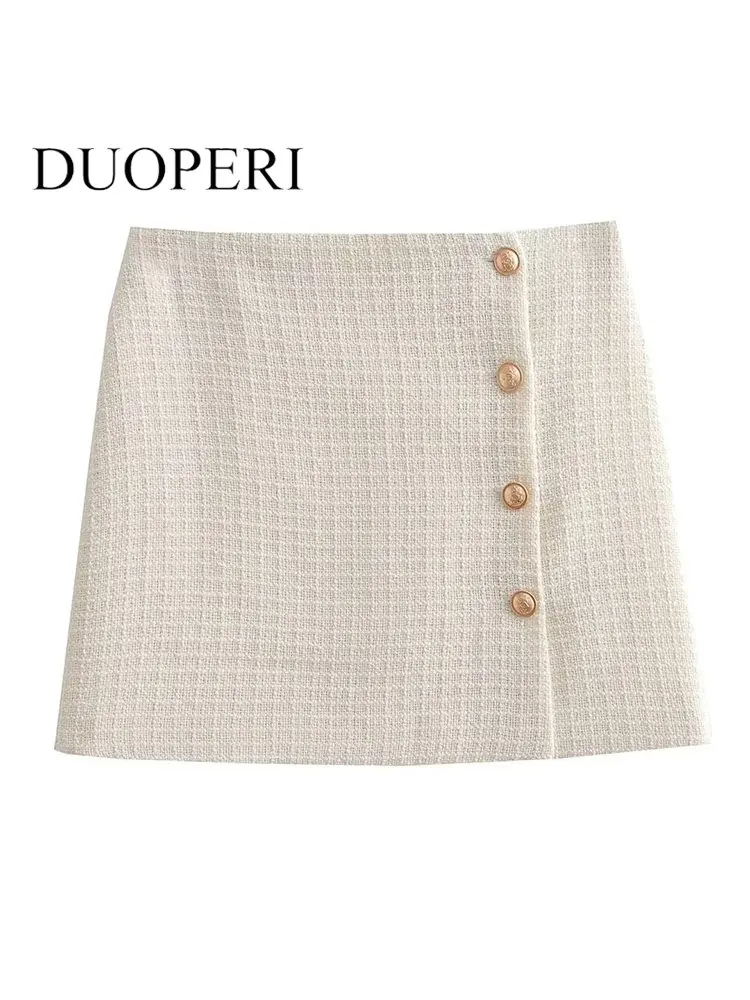 

DUOPERI Women Fashion Texture Beige Single Breasted Mini Skirts Vintage High Waist Female Chic Lady Short Skirts