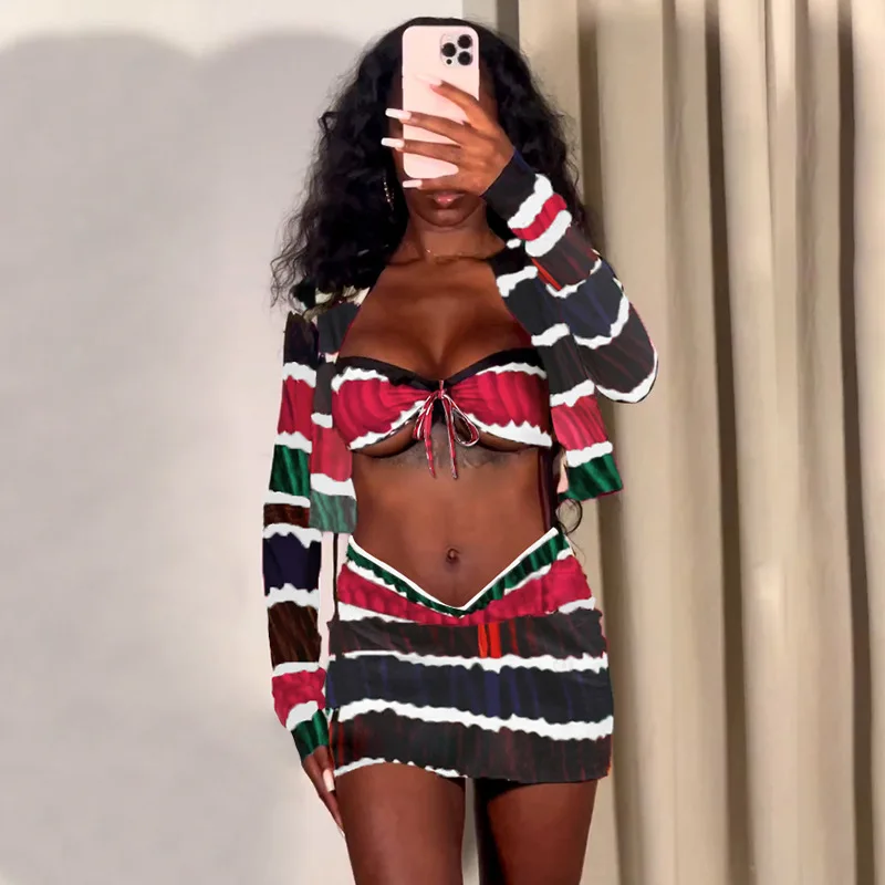 

Sexy Tie Dye Printed Two Piece Set Autumn Long Sleeve Crop Top Mini Skirt Y2K Women 2 Pieces Set Evening Party Club Clothings