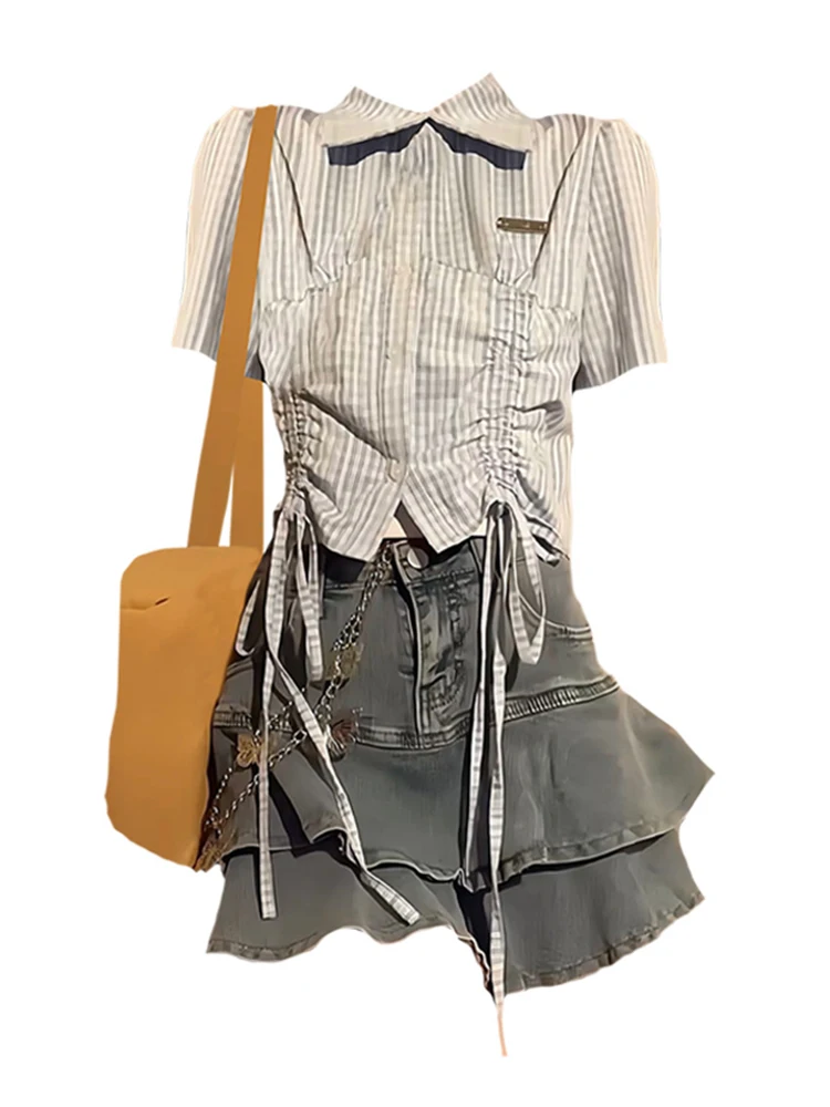 

Vintage Drawstring Tie Up Design Slim Shirt 2023 New Lapel Short Sleeve Blouses Female Classics Striped Clothing Preppy Style