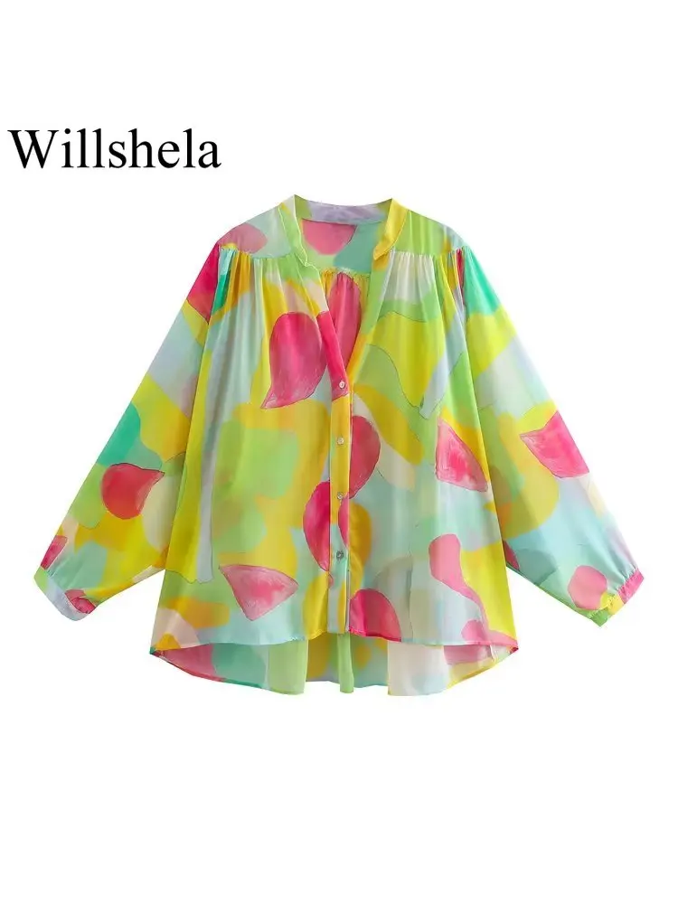 

Willshela Women Fashion Printed Single Breasted Blouse Vintage V-Neck Long Sleeves Female Chic Lady Shirts