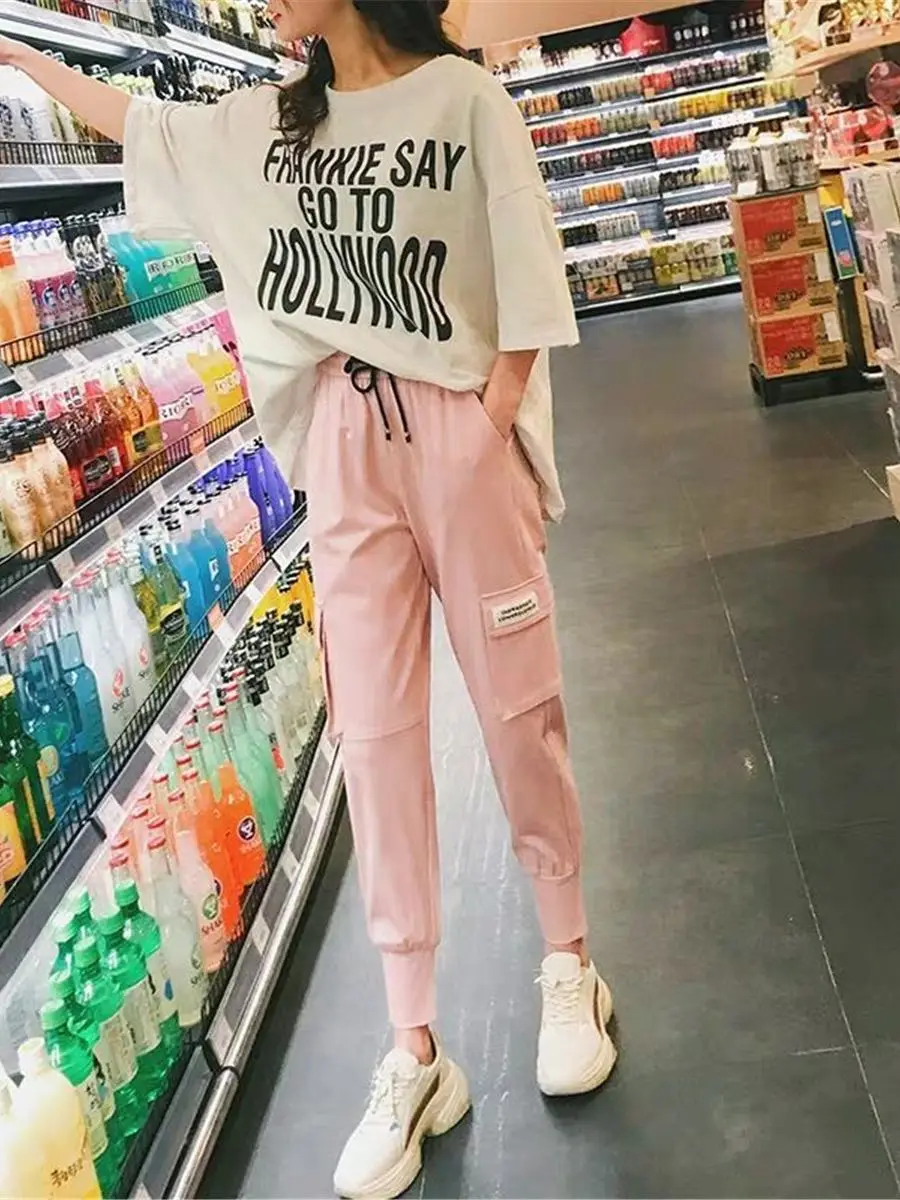 

Брюки-карго Женские повседневные, хлопковые модные штаны в стиле хип-хоп, забавные спортивные штаны с завышенной талией, уличная одежда, роз...