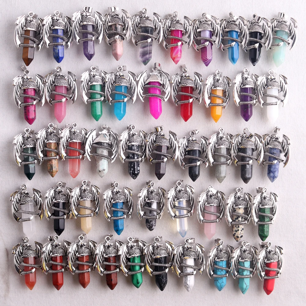

12pcs/lot Retro Jewelry Hexagonal Column Bullet Pendants Natural Stone Quartz Crystal Rock Pendant Necklace For Jewelry Making