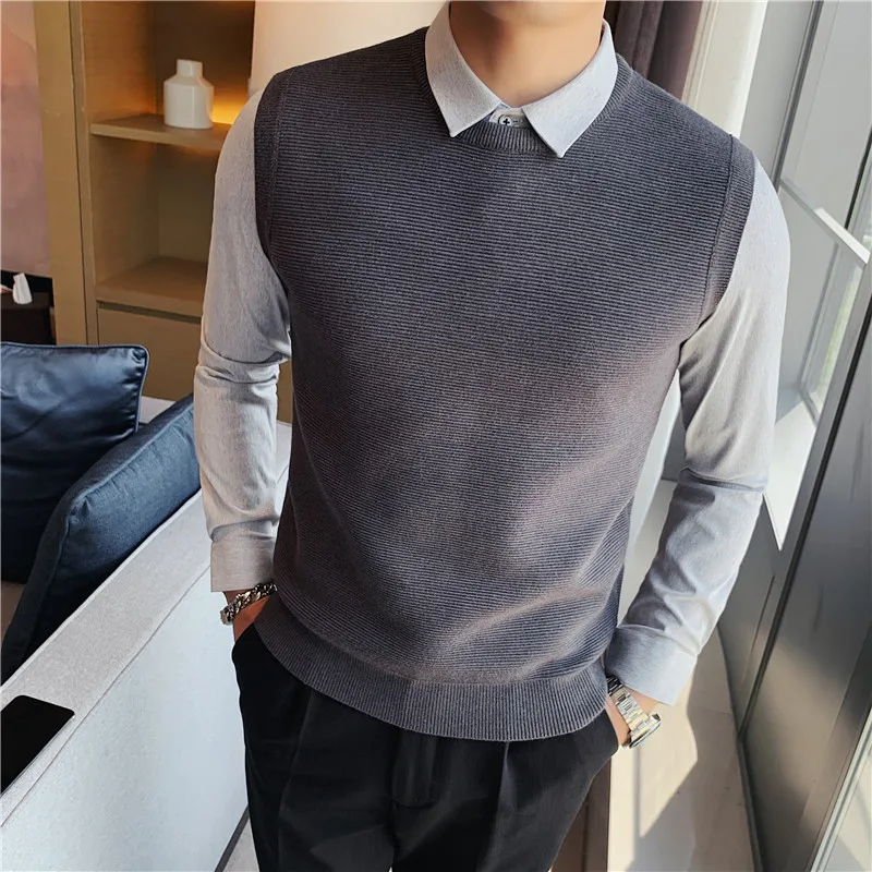 

Autumn Winter Fake Two-piece Sweater Solid Color Shirt Collar Knitted Vest Pullover Sweater Men Long Sleeve Casual Men Clothing