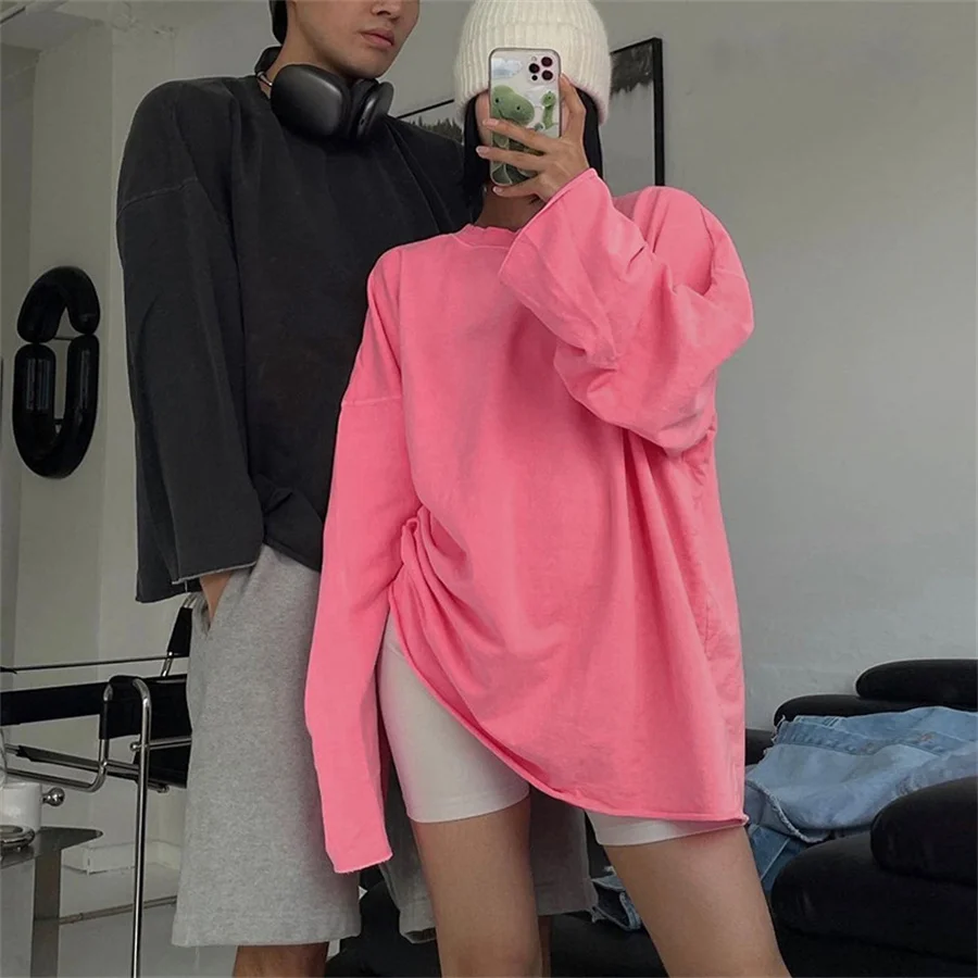 

Pink Oversize Tee Shirts Streetwear 2023 Round Neck Long Sleeve Casual Pullover Tops Women Autumn Thin T-Shirts Lady