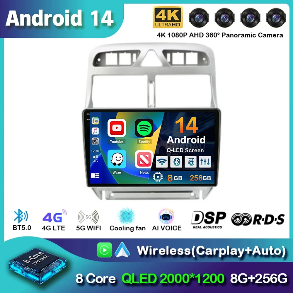 Android 14 Carplay Auto 4G + WIFI 2din Автомобильный радиоприемник для Peugeot 307 2002-2013